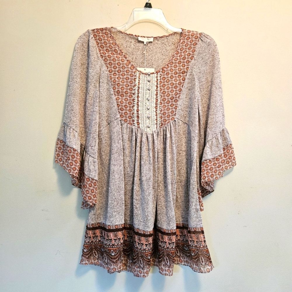 Ryu Anthropologie Tunic Dress Womens Sz S Bohemian Style Tan Brown Crochet NWT